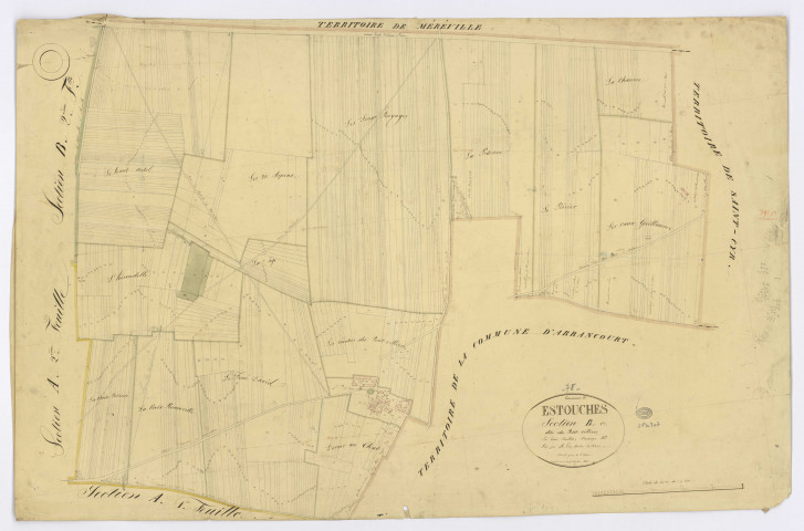ESTOUCHES. - Section B - Petit Villiers (le), 1, ech. 1/2500, coul., aquarelle, papier, 68x103 (1831). 
