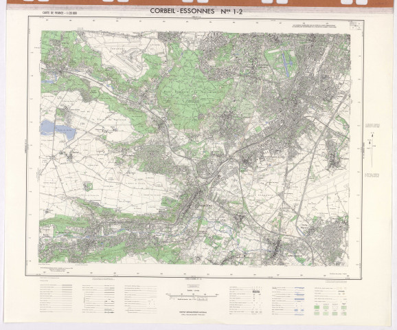 CORBEIL-ESSONNES. - Carte de France, levés stéréotopographiques aériens, complétés sur le terrain en 1964, mise à jour partielle en 1966, dessiné et publié par l'Institut géographique national, feuilles 1-2, 3-4, 5-6, 7-8, 1964-1966. Ech. 1/20 000. Papier. Coul. Dim. 68 x 83 cm. [4 plans]. 