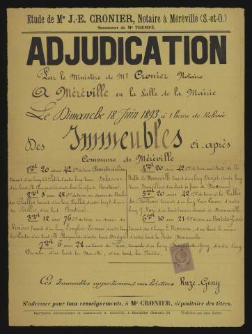 MEREVILLE. - Vente par adjudication de terres labourables appartenant aux héritiers RUZé-GENY, 18 juin 1893. 