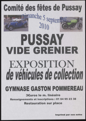 PUSSAY.- Vide grenier, exposition de véhicules de collection, Gymnase Gaston Pommereau, 5 septembre 2010. 