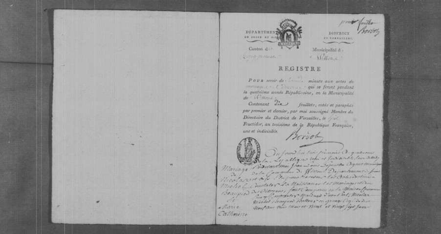 WISSOUS. Naissances, mariages, décès : registre d'état civil (1790-an IV). 