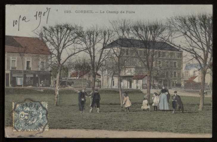 CORBEIL-ESSONNES. - Le champ de foire. 1907 1 timbre à 5 cemtimes, coloriée. 