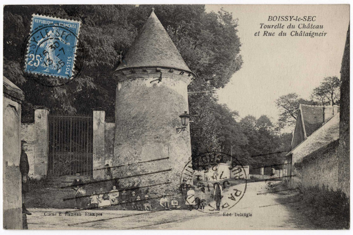 BOISSY-LE-SEC. - Tourelle du château et rue du Châtaignier, Rameau, 1925, 5 lignes, 25 c, ad. 