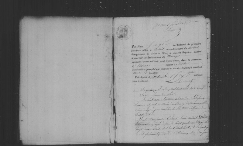 ESSONNES. Mariages : registre d'état civil (1832-1838). 