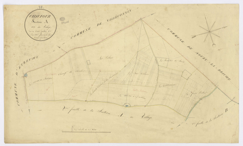 CHAUFFOUR-LES-ETRECHY. - Section A - Village (le), 1, ech. 1/2500, coul., aquarelle, papier, 60x97 (1824). 