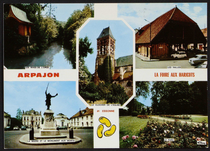Arpajon.- Les rives de l'Orge, les halles, le clocher de l'église, la mairie et le monument aux morts, le parc [1975-1990]. 