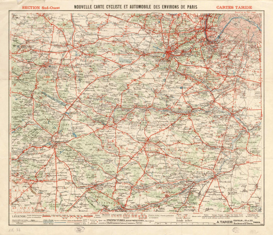 Nouvelle carte cycliste et automobile des environs de PARIS, section sud-ouest, PARIS, TARIDE, 1912. Ech. 1/80 000. Coul. Lég. Dim. 0,60 x 0,505. 