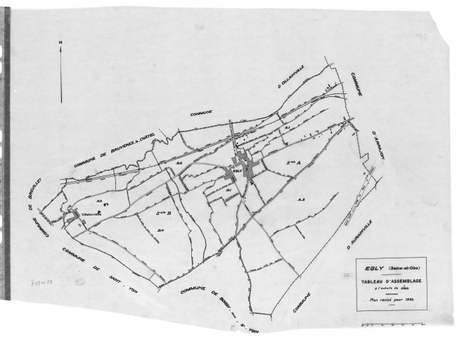 EGLY.- Cadastre révisé pour 1934 : plan du tableau d'assemblage, plans de la section A la Plaine 1ère feuille, idem 2ème feuille, section B le Village 1ère feuille, idem 2ème feuille, idem 3ème feuille, idem 4ème feuille ; cadastre révisé pour 1934 mis à jour pour 1967 : plan du tableau d'assemblage, plans de la section A 1ère feuille, idem 2ème feuille, [10 plans]. 
