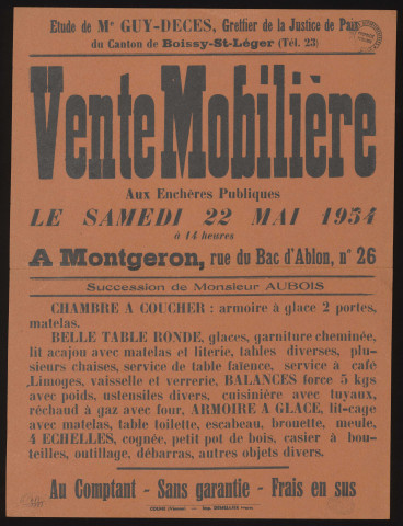 MONTGERON.- Vente aux enchères publiques de mobilier dépendant de la succession de M. AUBOIS, 22 mai 1954. 