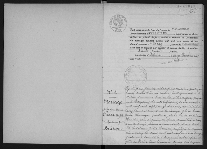ORSAY. - Mariages : registre d'état civil.