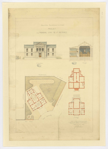 Projet de tribunal civil de première instance à CORBEIL dessiné par l'architecte de l'Arrondissement, LAROCHE, 1885. Sans éch. Coul. Dim. 0,92 x 0,63. 