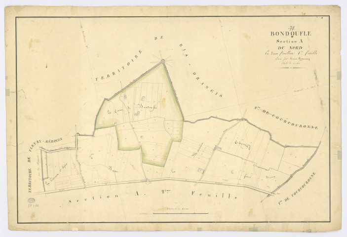 BONDOUFLE. - Section A - Nord (le), 1, ech. 1/2500, coul., aquarelle, papier, 67x98 (1810). 
