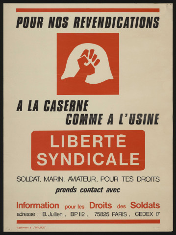Essonne [Département]. - PARTI SOCIALISTE UNIFIE. Pour nos revendications... à la caserne comme à l'usine... liberté syndicale. Information pour les droits des soldats (1972). 