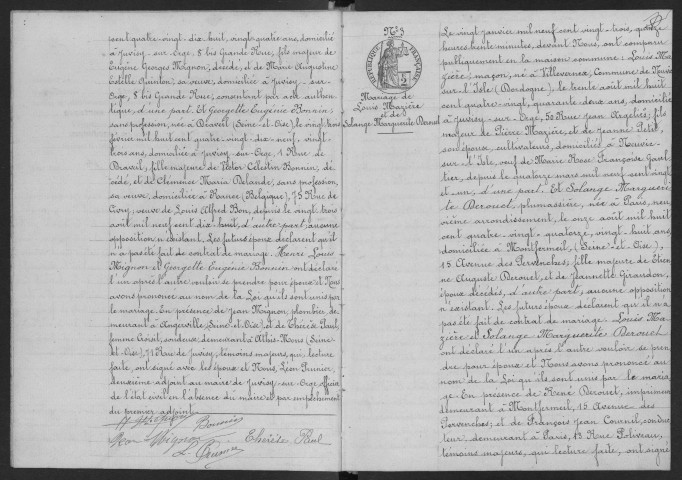 JUVISY-SUR-ORGE. - Mariages : registre d'état civil. 