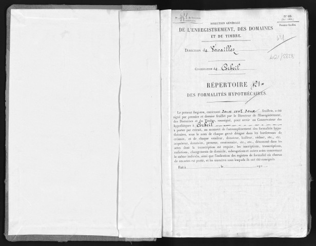 Conservation des hypothèques de CORBEIL. - Répertoire des formalités hypothécaires, volume n° 421 : A-Z (registre ouvert vers 1920). 