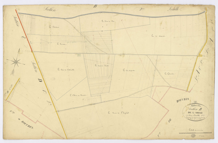 ABBEVILLE-LA-RIVIERE. - Section B - Orme (l'), 2, ech. 1/2500, coul., aquarelle, papier, 67x104 (1831). 