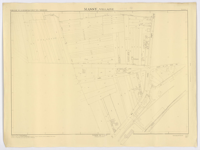 Fonds de plan topographique de MASSY - VILLAINE dressé en 1946 par M. GUITONNEAU, géomètre-expert, vérifié par le Service des Ponts et Chaussées, feuille 5, Ministère de la Reconstruction et de l'Urbanisme, 1948. Ech. 1/500. N et B. Dim. 0,82 x 1,09. 