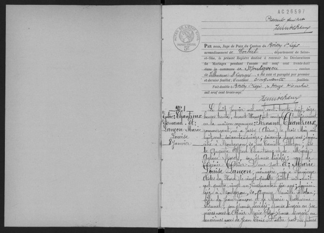 MONTGERON. - Mariages : registre d'état civil.