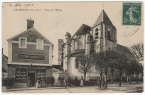 CHAMPCUEIL. - Place de l'église, Chaumier, 1910, 7 mots, 5 c, ad. 