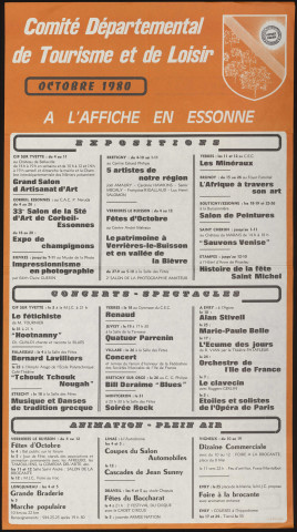 EVRY.- A l'affiche en Essonne : programme culturel, Comité départemental de Tourisme et de Loisir, octobre 1980. 