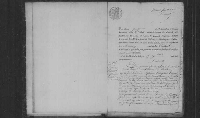 MENNECY. Naissances, mariages, décès : registre d'état civil (1832-1837). 