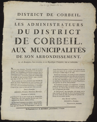 CORBEIL-ESSONNES. - Les administrateurs du district de Corbeil, aux municipalités de son arrondissement, 1794-1795. 