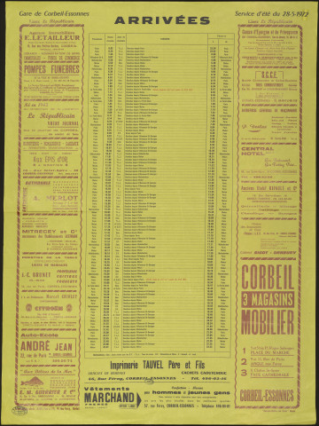Le Républicain [quotidien régional d'information]. - Arrivées des trains en gare de Corbeil-Essonnes, à partir du 28 mai 1972 [service d'été] (1972). 