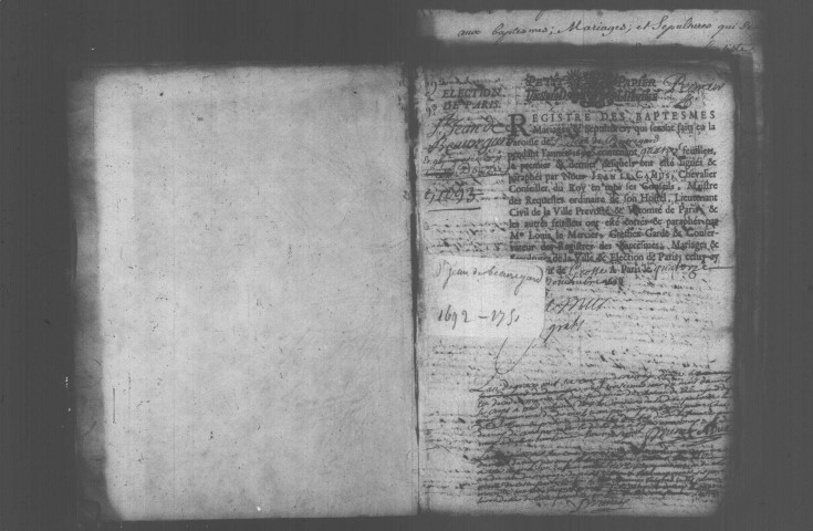SAINT-JEAN-DE-BEAUREGARD. Paroisse Saint-Jean-de-Beauregard : Baptêmes, mariages, sépultures : registre paroissial (1692-1717, 1737-1751). 