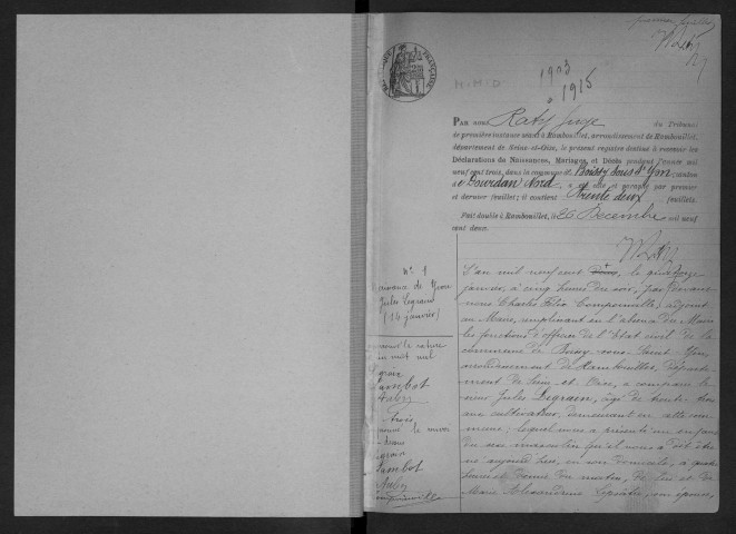 BOISSY-SOUS-SAINT-YON.- Naissances, mariages, décès : registre d'état civil (1903-1915). 