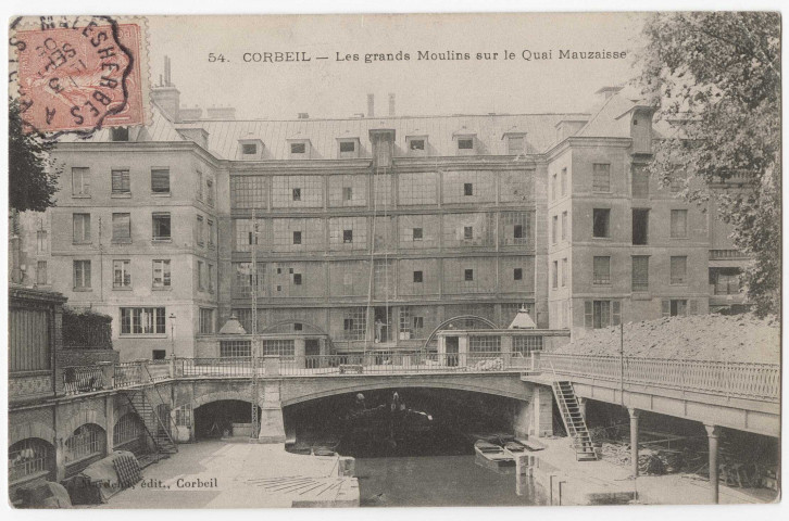 CORBEIL-ESSONNES. - Les grands moulins sur le quai Mauzaisse, Mardelet, 1905, 7 lignes, 10 c, ad. 