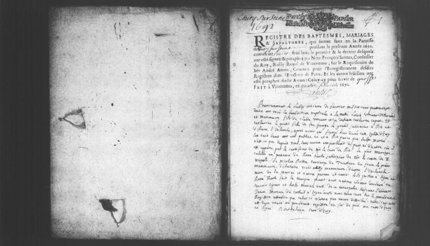 EVRY. Paroisse Saint-Pierre : Baptêmes, mariages, sépultures : registre paroissial (1692-1745). [Lacunes : B.M.S. (1712-1736)]. 