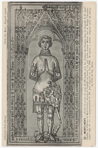 MONTLHERY. - Tombe (et pierre tombale) de messire Hue de Boulay, chevalier, dans la chapelle Notre-Dame de l'église du château de Montlhéry. Edition Seine-et-Oise artistique et pittoresque, collection Paul Allorge. 