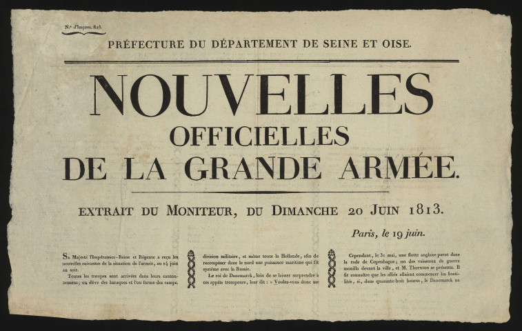 Seine-et-Oise [Département]. - Nouvelles officielles de la Grande Armée, 19 juin 1813. 