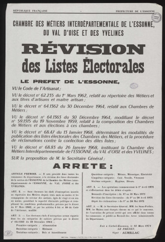 Essonne [Département]. - Arrêté préfectoral portant sur la révision des listes électorales pour les élections à la Chambre des métiers interdépartementale de l'Essonne, du Val-d'Oise et des Yvelines, 10 mars 1971. 