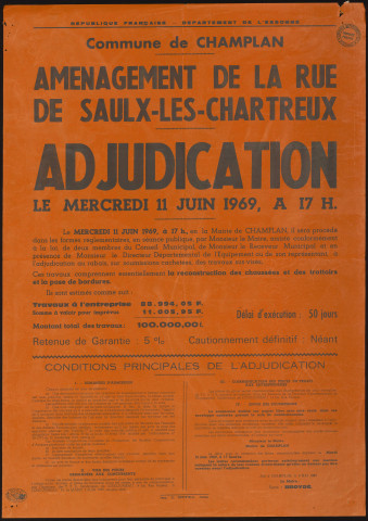 CHAMPLAN. - Adjudication au rabais, sur soumissions cachetées pour la reconstruction des chaussées et des trottoirs et la pose de bordures rue de Saulx-les-Chartreux, 11 juin 1969. 