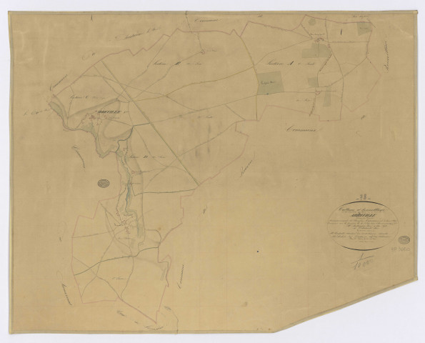 ABBEVILLE-LA-RIVIERE. - Plan d'assemblage, ech. 1/10000, coul., aquarelle, papier, 60x75 (1831). 