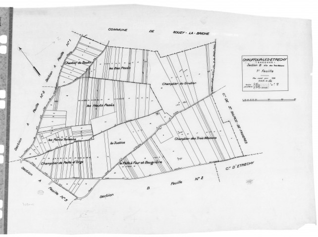 CHAUFFOUR-LES-ETRECHY .- Cadastre révisé pour 1932 : plan du tableau d'assemblage, plans de la section B les Trois maisons 1ère feuille, idem 2ème feuille, [3 plans]. 