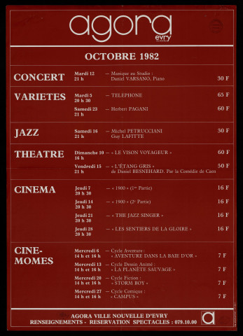 EVRY. - A l'Agora d'Evry : programme culturel, octobre 1982. 