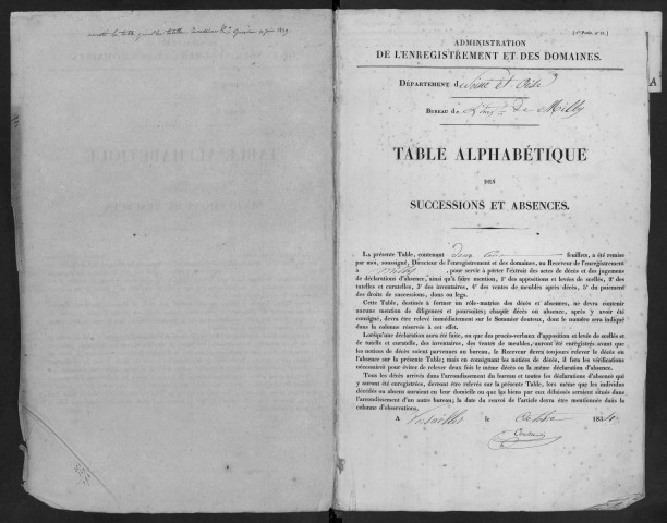 MILLY-LA-FORET, bureau de l'enregistrement. - Tables des successions. - Vol. 6 : 1838 - 1847. 
