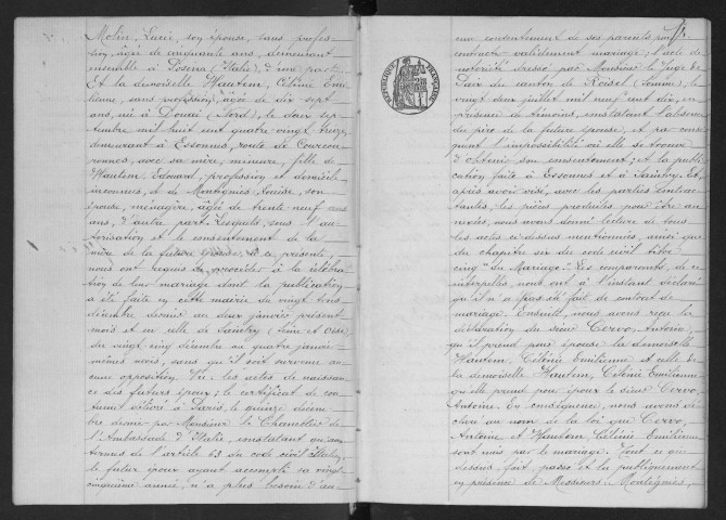 ESSONNES.- Mariages : registre d'état civil. 