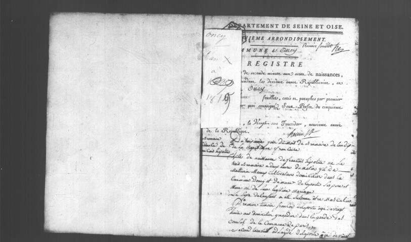 ONCY-SUR-ECOLE. Naissances, mariages, décès : registre d'état civil (an X-1819). [Nota bene : 1 feuillet détaché (19 septembre 1816 plus table)]. 