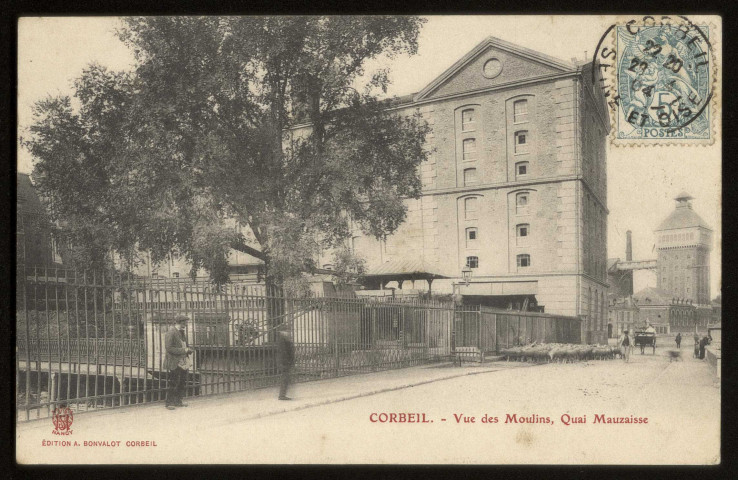 CORBEIL-ESSONNES. - Corbeil. Vue des moulins, quai Mauzaisse. Edition Bonvalot, Corbeil, 1904, timbre à 5 centimes. 