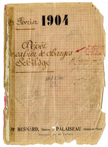 Cahier des charges relatif à la vente de 614.055 m2 de bois appelé le Bois du Pileu, communes de PALAISEAU et d'IGNY, fait par Eugène SCHILDGE, négociant demeurant à PARIS, rue Sainte-Croix-de-la-Bretonnerie, pour y construire un lotissement qui s'appellera Les Fraisettes (un plan couleur des lots A à Z dressé par P. FOUQUART, ingénieur-géomètre à PARIS, octobre 1903, ech. 1/2000e).