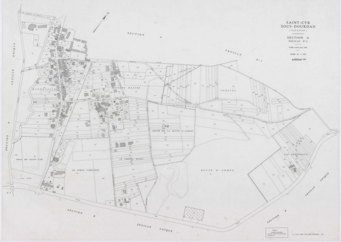 SAINT-CYR-SOUS-DOURDAN, plans minutes de conservation : tableau d'assemblage, 1939, Ech. 1/10000 ; plans des sections A1, B, C1, C3, D, 1939, Ech. 1/2500, sections A2, C2, 1939, Ech. 1/1250, sections ZA, ZB, 1982, Ech. 1/2000. Polyester. N et B. Dim. 105 x 80 cm [10 plans]. 