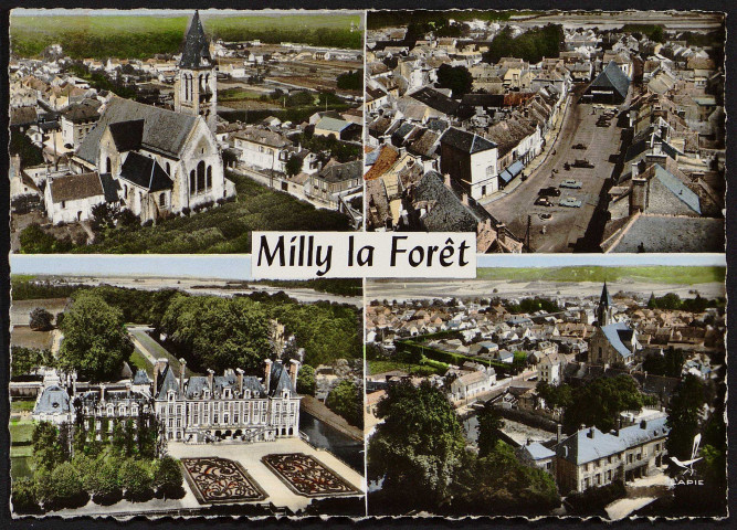 MILLY-LA-FORET.- En avion au-dessus du bourg, de l'église, de la place du marché, et du château de Courances [1960-1964].