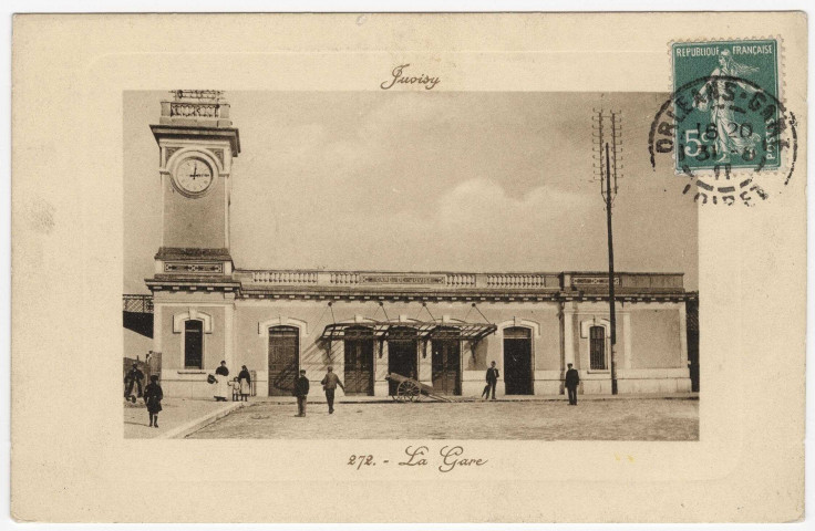JUVISY-SUR-ORGE. - La gare (1911), 3 mots, 5 c, sépia, ad. 