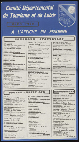 EVRY.- A l'affiche en Essonne : programme culturel, Comité départemental de tourisme et de loisirs, avril 1980. 