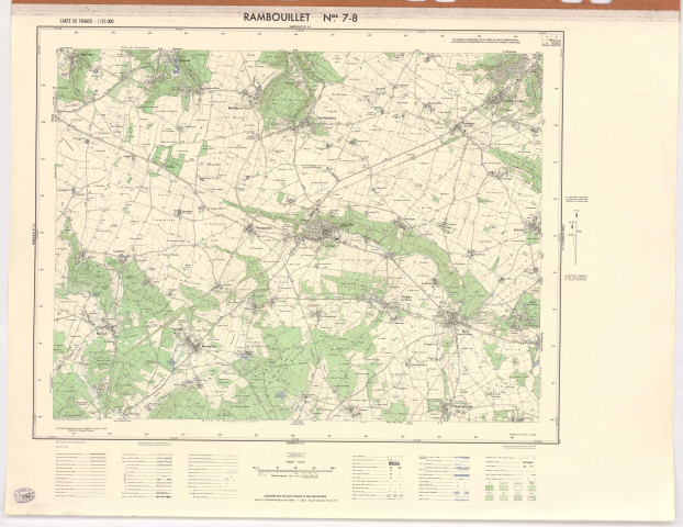 RAMBOUILLET (Yvelines). - Carte de France, feuilles 3-4 et 7-8, levés stéréotopographiques aériens, complétés sur le terrain en 1962, dessiné et publié par l'Institut géographique national, s. d. Ech. 1/25 000. Papier. Coul. Dim. 55 x 73 cm. [2 plans]. 