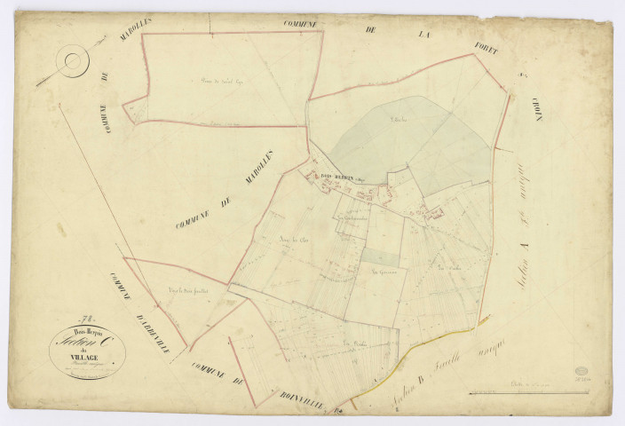 BOIS-HERPIN. -Section C - Village (le), ech. 1/2500, coul., aquarelle, papier, 69x104 (1832). 