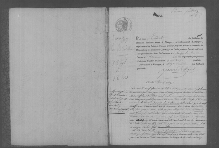 SOUZY-LA-BRICHE. Naissances, mariages, décès : registre d'état civil (1841-1860). 